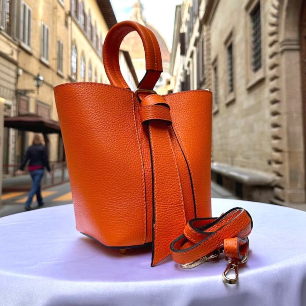 Orange Leather Bucket Bag w/ Small Leather Pouch and crossbody strap
